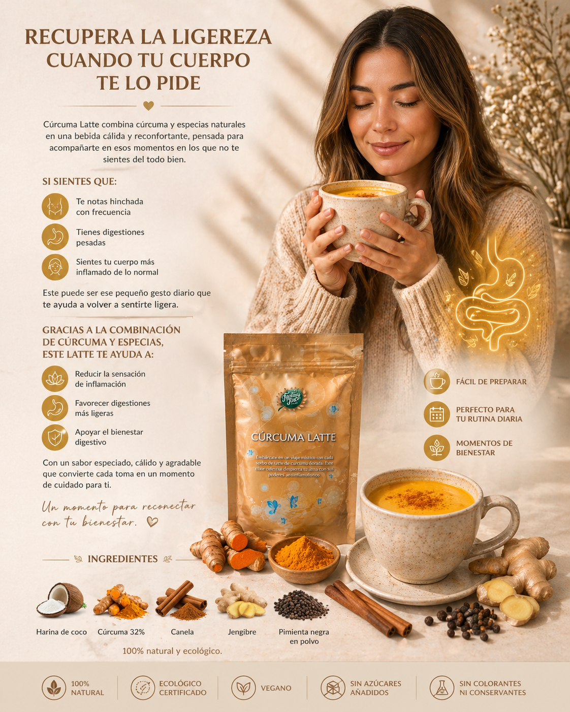 Cúrcuma Latte Ecológico -Menos hinchazón y digestión ligera